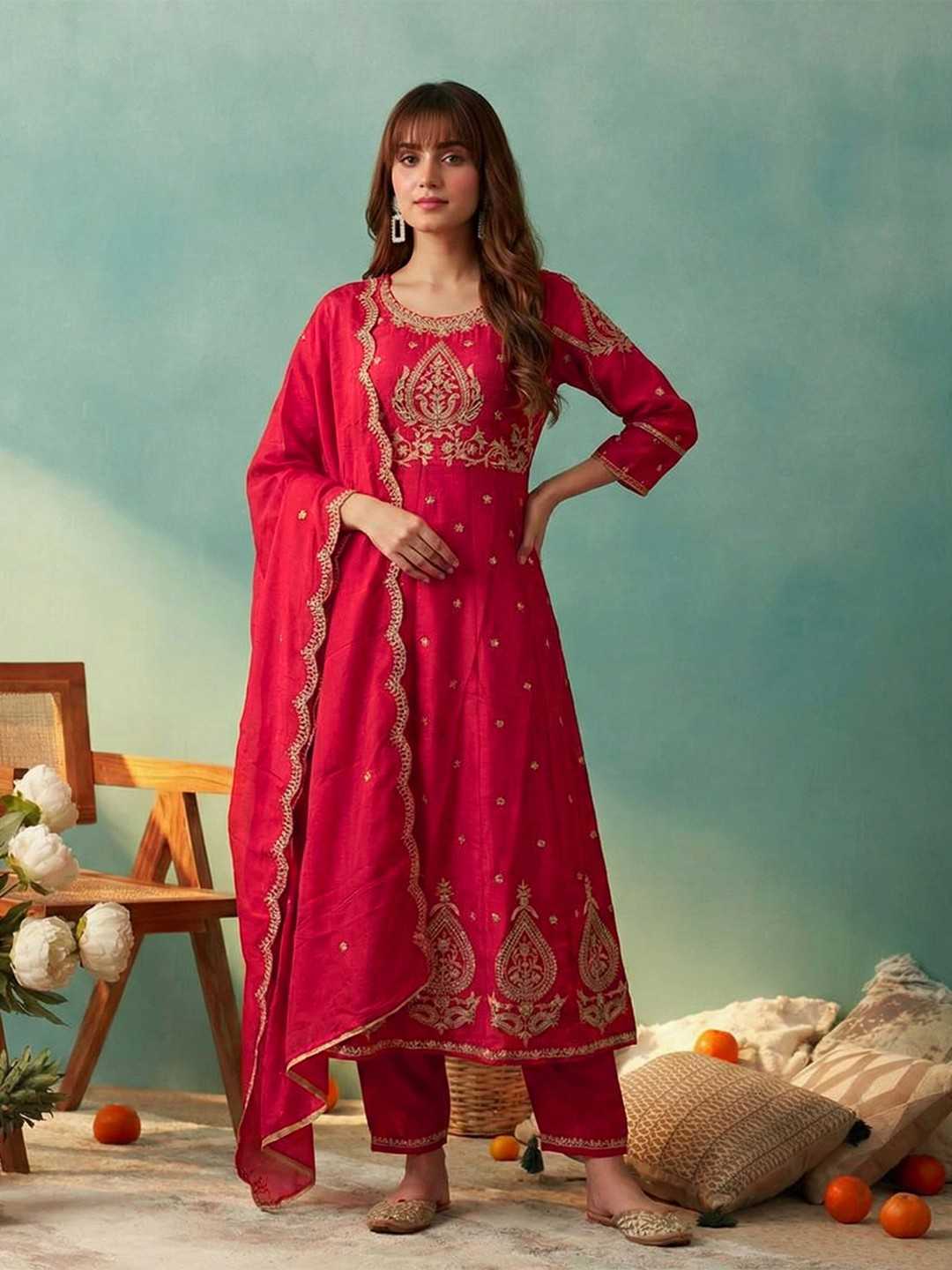 Elegant Crimson Red Embroidered Kurti, Paijama & Dupatta Set