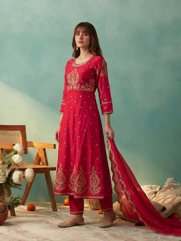 Elegant Crimson Red Embroidered Kurti, Paijama & Dupatta Set