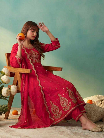 Elegant Crimson Red Embroidered Kurti, Paijama & Dupatta Set
