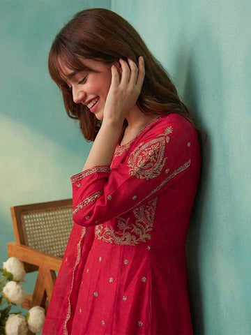Elegant Crimson Red Embroidered Kurti, Paijama & Dupatta Set