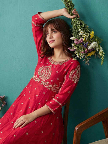 Elegant Crimson Red Embroidered Kurti, Paijama & Dupatta Set