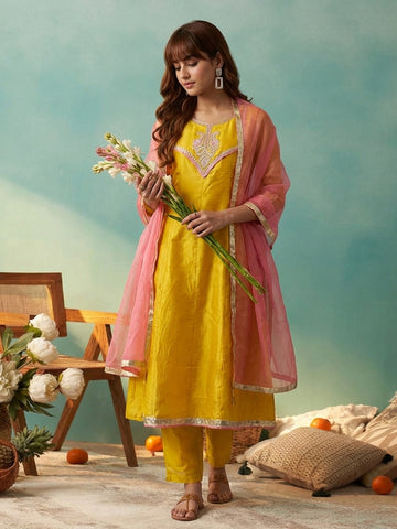 Yellow Embroidered Sleeveless Kurta with Trousers and Contrast Dupatta Set