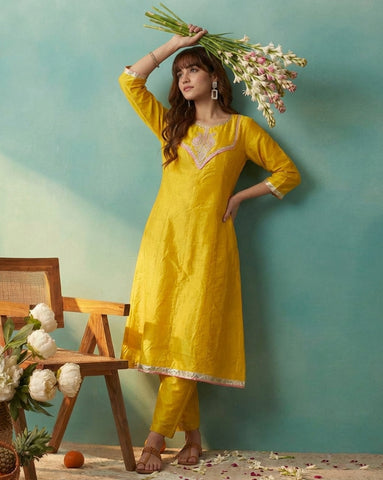 Yellow Embroidered Sleeveless Kurta with Trousers and Contrast Dupatta Set