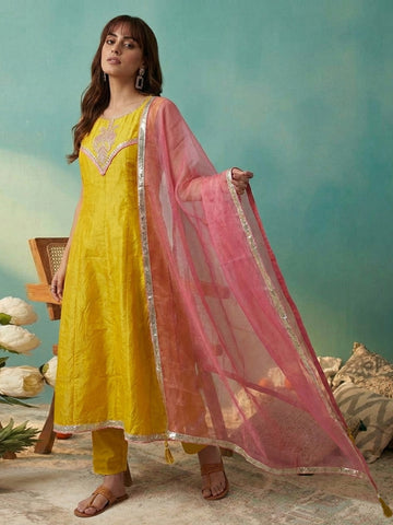 Yellow Embroidered Sleeveless Kurta with Trousers and Contrast Dupatta Set