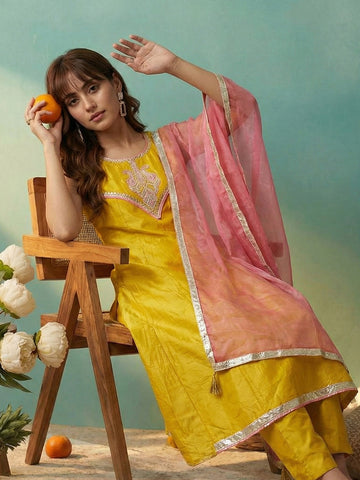 Yellow Embroidered Sleeveless Kurta with Trousers and Contrast Dupatta Set