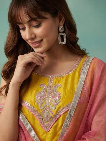 Yellow Embroidered Sleeveless Kurta with Trousers and Contrast Dupatta Set