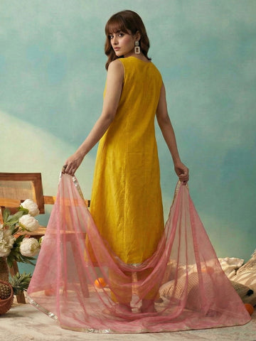 Yellow Embroidered Sleeveless Kurta with Trousers and Contrast Dupatta Set