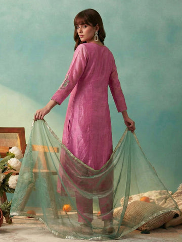 Pastel Pink Embroidered A-Line Kurta with Trousers and Contrast Dupatta Set
