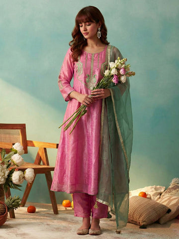 Pastel Pink Embroidered A-Line Kurta with Trousers and Contrast Dupatta Set