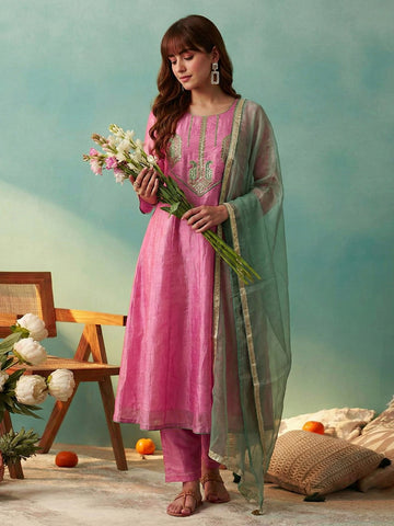 Pastel Pink Embroidered A-Line Kurta with Trousers and Contrast Dupatta Set