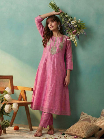 Pastel Pink Embroidered A-Line Kurta with Trousers and Contrast Dupatta Set
