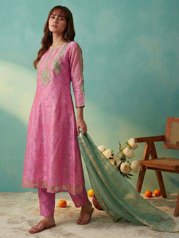 Pastel Pink Embroidered A-Line Kurta with Trousers and Contrast Dupatta Set