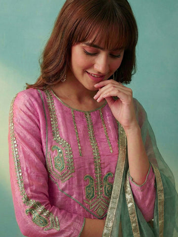 Pastel Pink Embroidered A-Line Kurta with Trousers and Contrast Dupatta Set