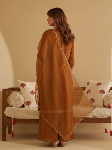 Metallic Rust Embroidered Kurta with Palazzo and Dupatta Set