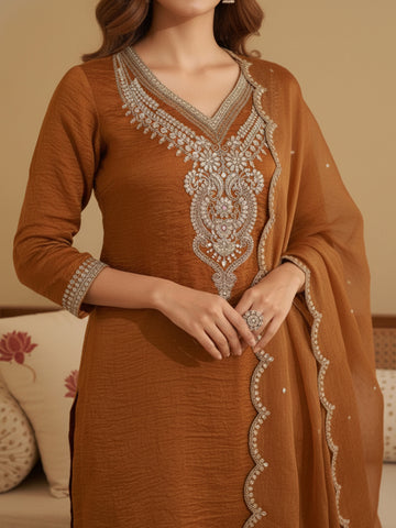 Metallic Rust Embroidered Kurta with Palazzo and Dupatta Set