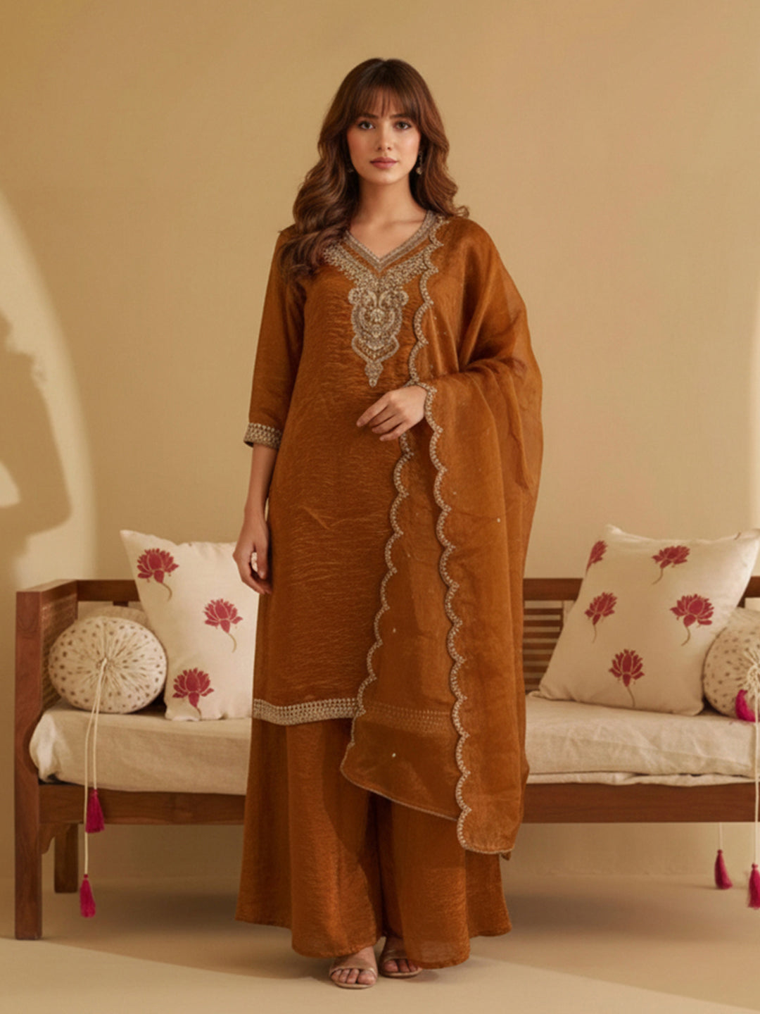 Metallic Rust Embroidered Kurta with Palazzo and Dupatta Set