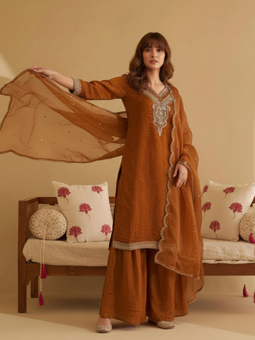 Metallic Rust Embroidered Kurta with Palazzo and Dupatta Set