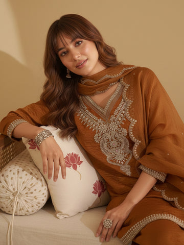 Metallic Rust Embroidered Kurta with Palazzo and Dupatta Set