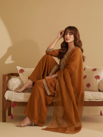 Metallic Rust Embroidered Kurta with Palazzo and Dupatta Set