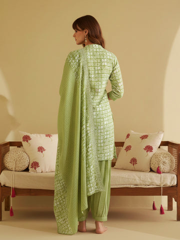 Lime Green Geometric Print Short Kurta and Afghan Pant Set