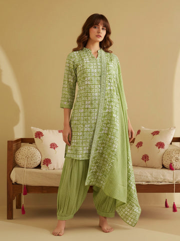 Lime Green Geometric Print Short Kurta and Afghan Pant Set