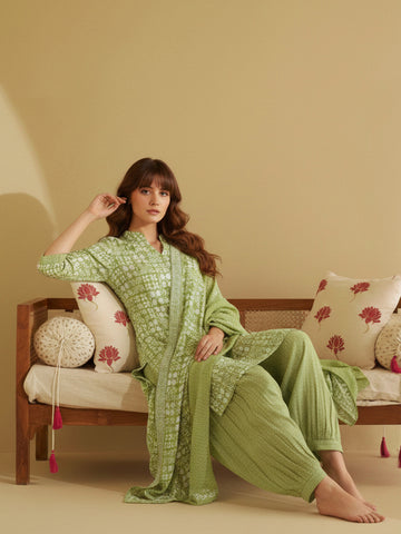 Lime Green Geometric Print Short Kurta and Afghan Pant Set