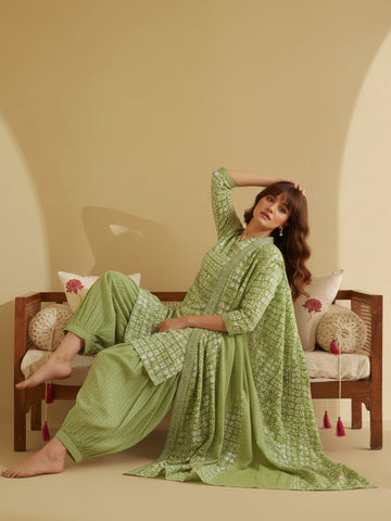 Lime Green Geometric Print Short Kurta and Afghan Pant Set