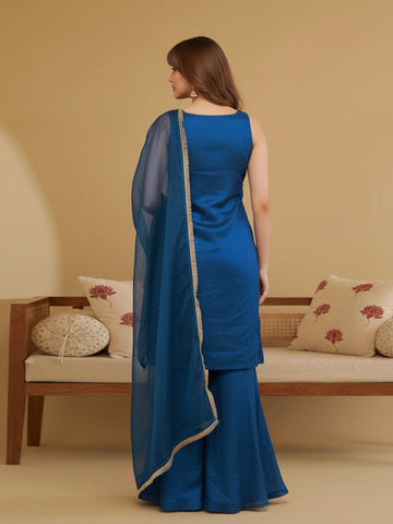 Peacock Blue Embroidered Sleeveless Kurta and Flared Palazzo Set
