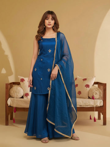 Peacock Blue Embroidered Sleeveless Kurta and Flared Palazzo Set