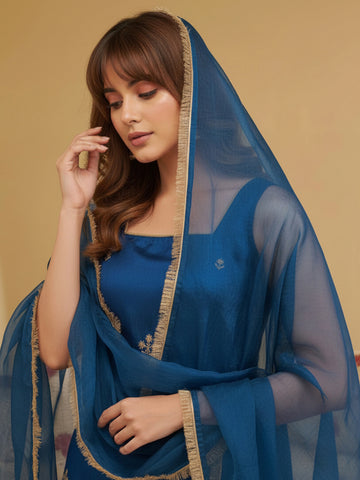 Peacock Blue Embroidered Sleeveless Kurta and Flared Palazzo Set