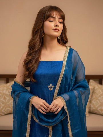 Peacock Blue Embroidered Sleeveless Kurta and Flared Palazzo Set