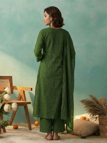 Olive Green Embroidered Anarkali Kurta Set with Dupatta