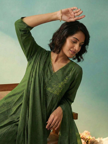 Olive Green Embroidered Anarkali Kurta Set with Dupatta
