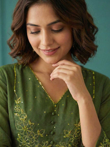 Olive Green Embroidered Anarkali Kurta Set with Dupatta