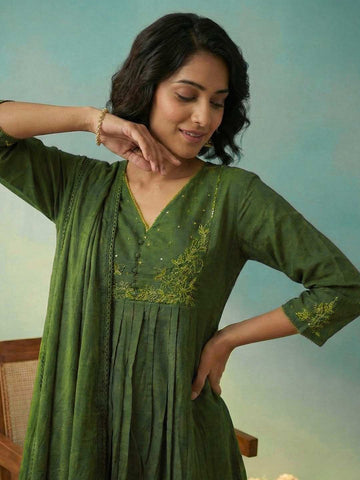 Olive Green Embroidered Anarkali Kurta Set with Dupatta