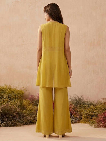Mustard Yellow Embroidered Crop Top with Wide-Leg Paijama & Shrug Set