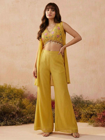 Mustard Yellow Embroidered Crop Top with Wide-Leg Paijama & Shrug Set