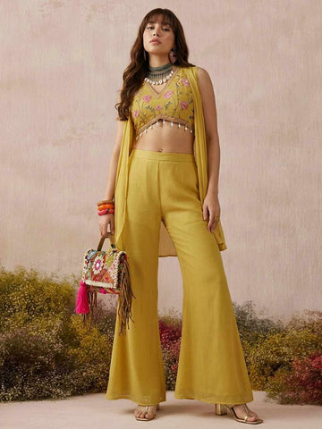 Mustard Yellow Embroidered Crop Top with Wide-Leg Paijama & Shrug Set