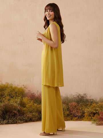 Mustard Yellow Embroidered Crop Top with Wide-Leg Paijama & Shrug Set
