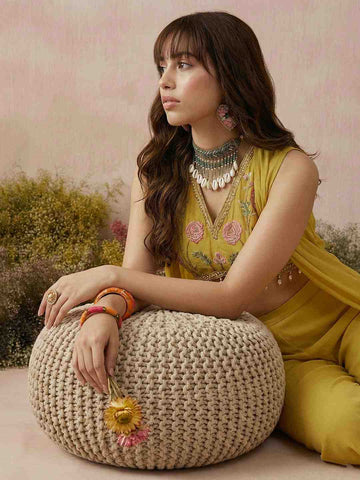 Mustard Yellow Embroidered Crop Top with Wide-Leg Paijama & Shrug Set