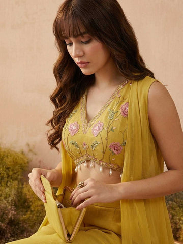 Mustard Yellow Embroidered Crop Top with Wide-Leg Paijama & Shrug Set