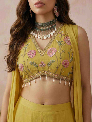 Mustard Yellow Embroidered Crop Top with Wide-Leg Paijama & Shrug Set