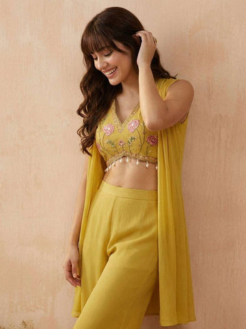 Mustard Yellow Embroidered Crop Top with Wide-Leg Paijama & Shrug Set