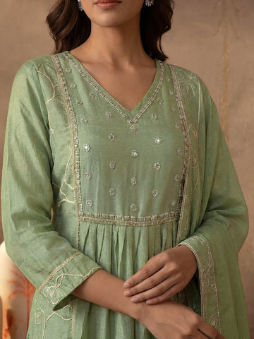 Sage Green Embroidered Gathered Kurta and Palazzo Set