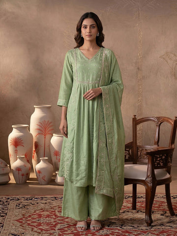 Sage Green Embroidered Gathered Kurta and Palazzo Set