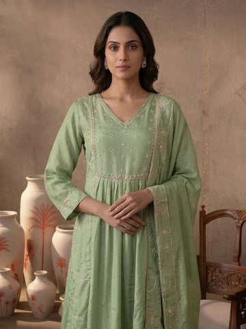 Sage Green Embroidered Gathered Kurta and Palazzo Set