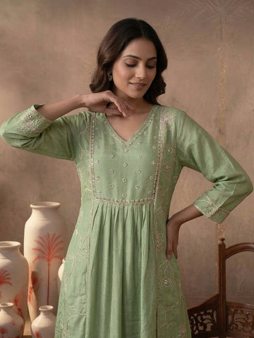 Sage Green Embroidered Gathered Kurta and Palazzo Set