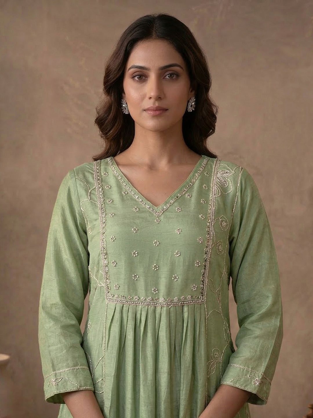 Sage Green Embroidered Gathered Kurta and Palazzo Set
