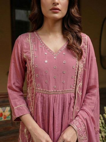 Onion Pink Embroidered Gathered Kurta and Palazzo Set