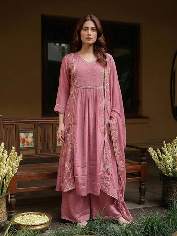 Onion Pink Embroidered Gathered Kurta and Palazzo Set